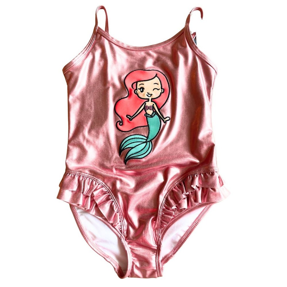 NWT Disney Parks Ariel Little Mermaid Swimsuit Girls 7/8 Pink Metallic UPF 50+